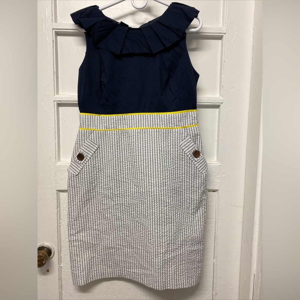 NEW DIRECTION A-Line Summer Dress Size 14 Cotton Blend Striped Pockets Woven